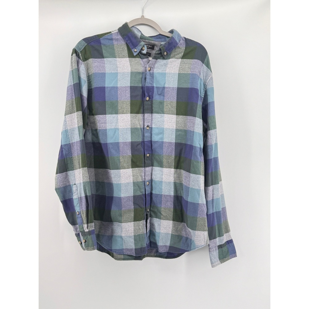 Banana Republic Luxe Flannel Camden Fit Plaid Shirt Mens Large Blue‎ Green L